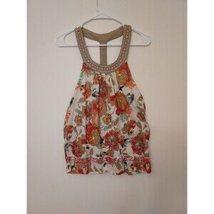 AMERICAN RAG Women's Large Orange Blue Floral Boho Sleeveless Babydoll Top - NEW